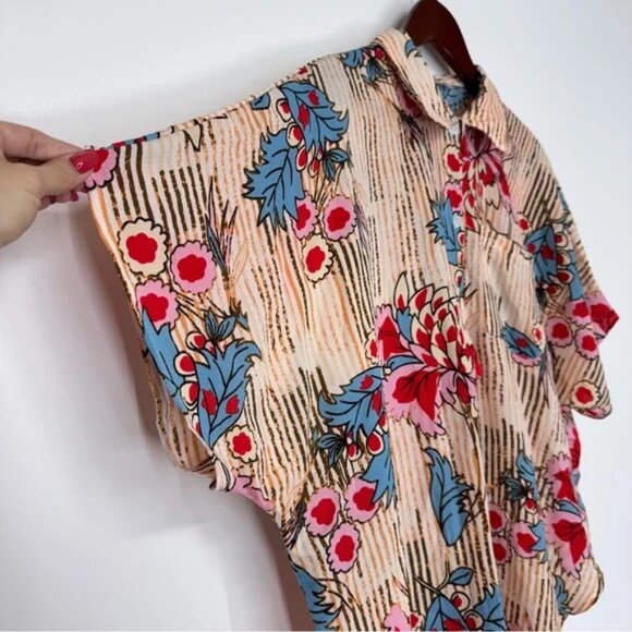 CUPSHE Floral & Striped Tropical Oversized Swim Beach Button Front Cover-Up Top - Picture 6 of 12